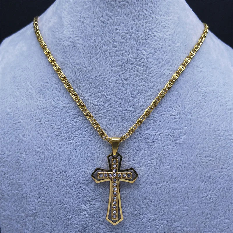 Catholic Cross Amulet Crystal Pendant Men Chain