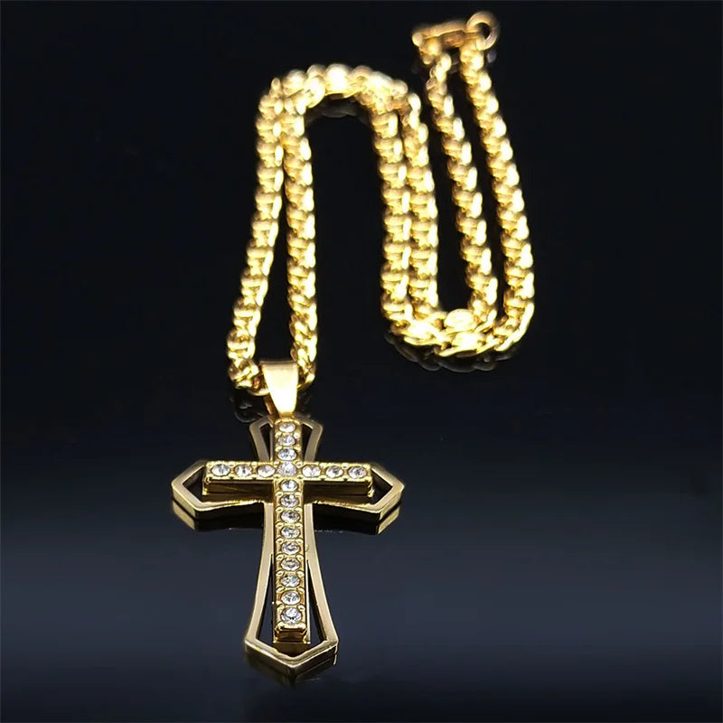 Catholic Cross Amulet Crystal Pendant Men Chain