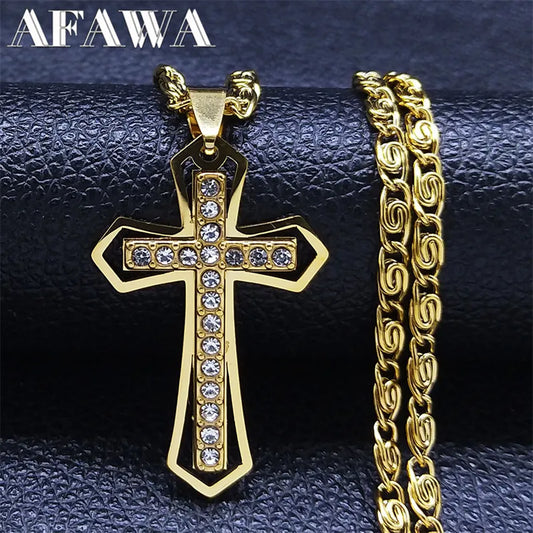 Catholic Cross Amulet Crystal Pendant Men Chain