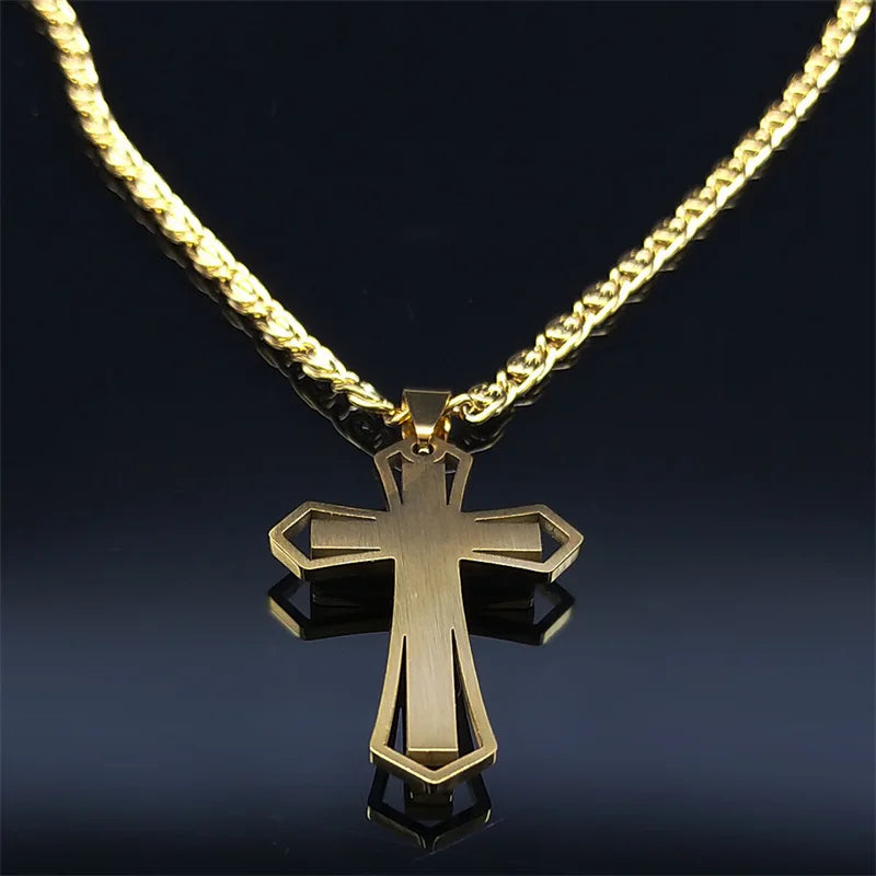 Catholic Cross Amulet Crystal Pendant Men Chain