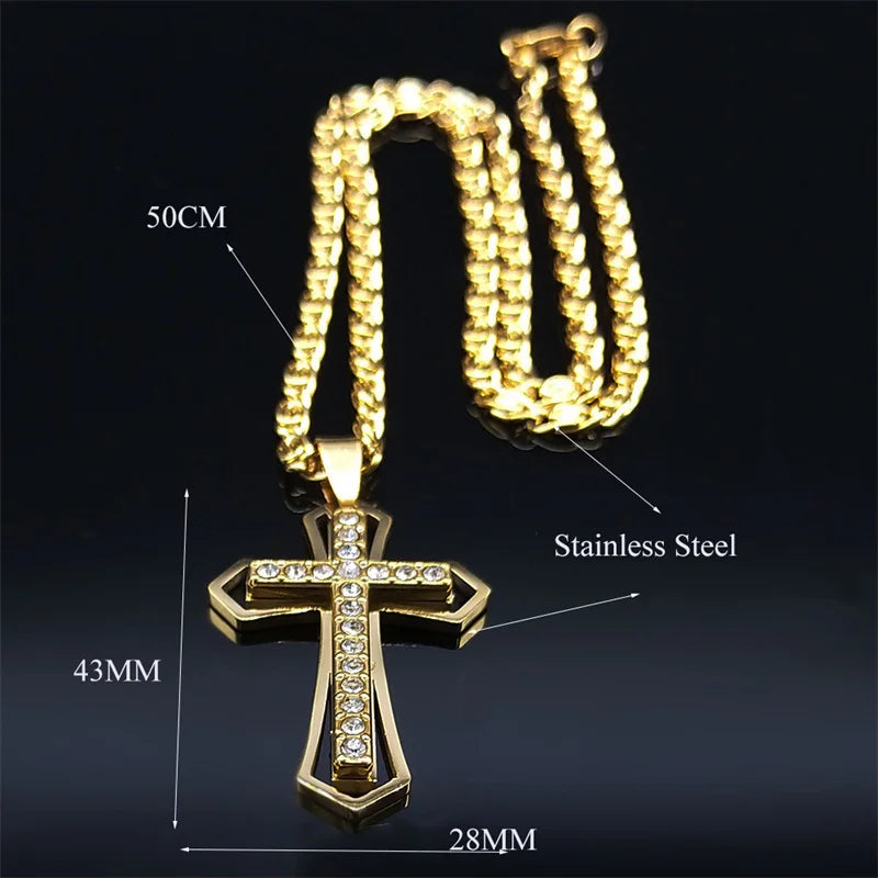 Catholic Cross Amulet Crystal Pendant Men Chain