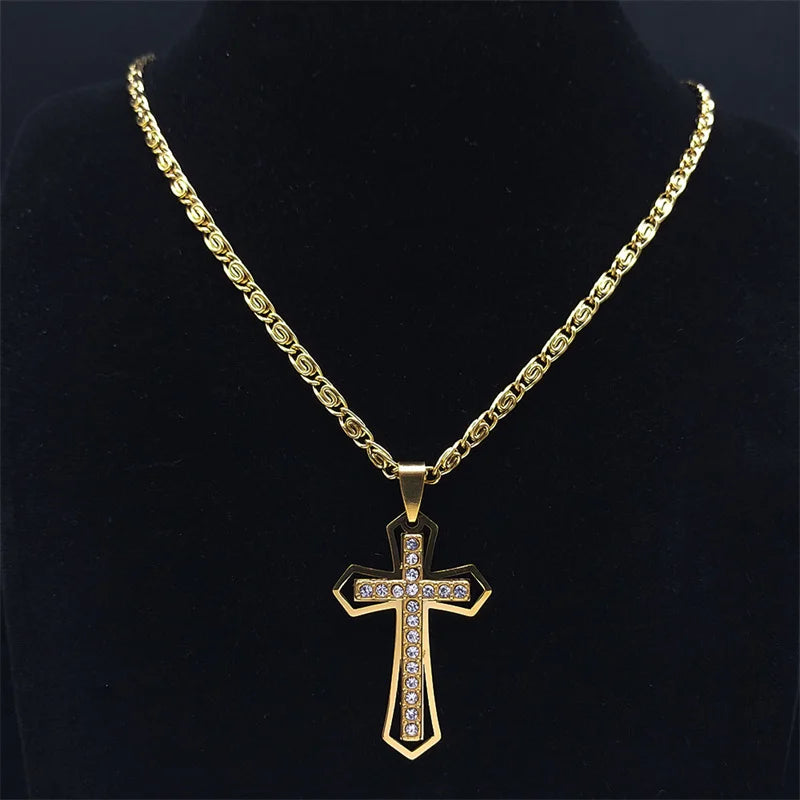 Catholic Cross Amulet Crystal Pendant Men Chain