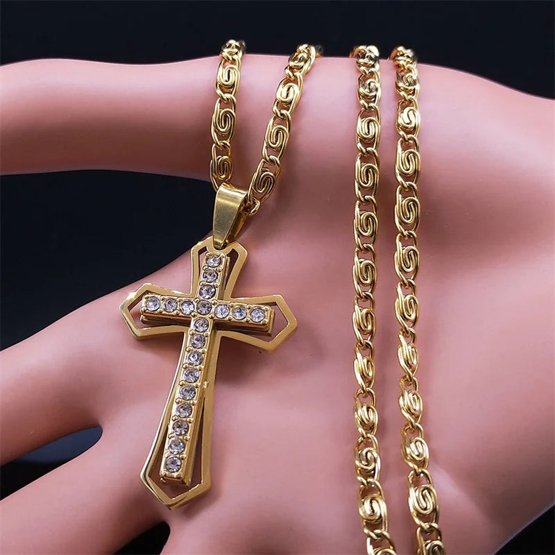 Catholic Cross Amulet Crystal Pendant Men Chain